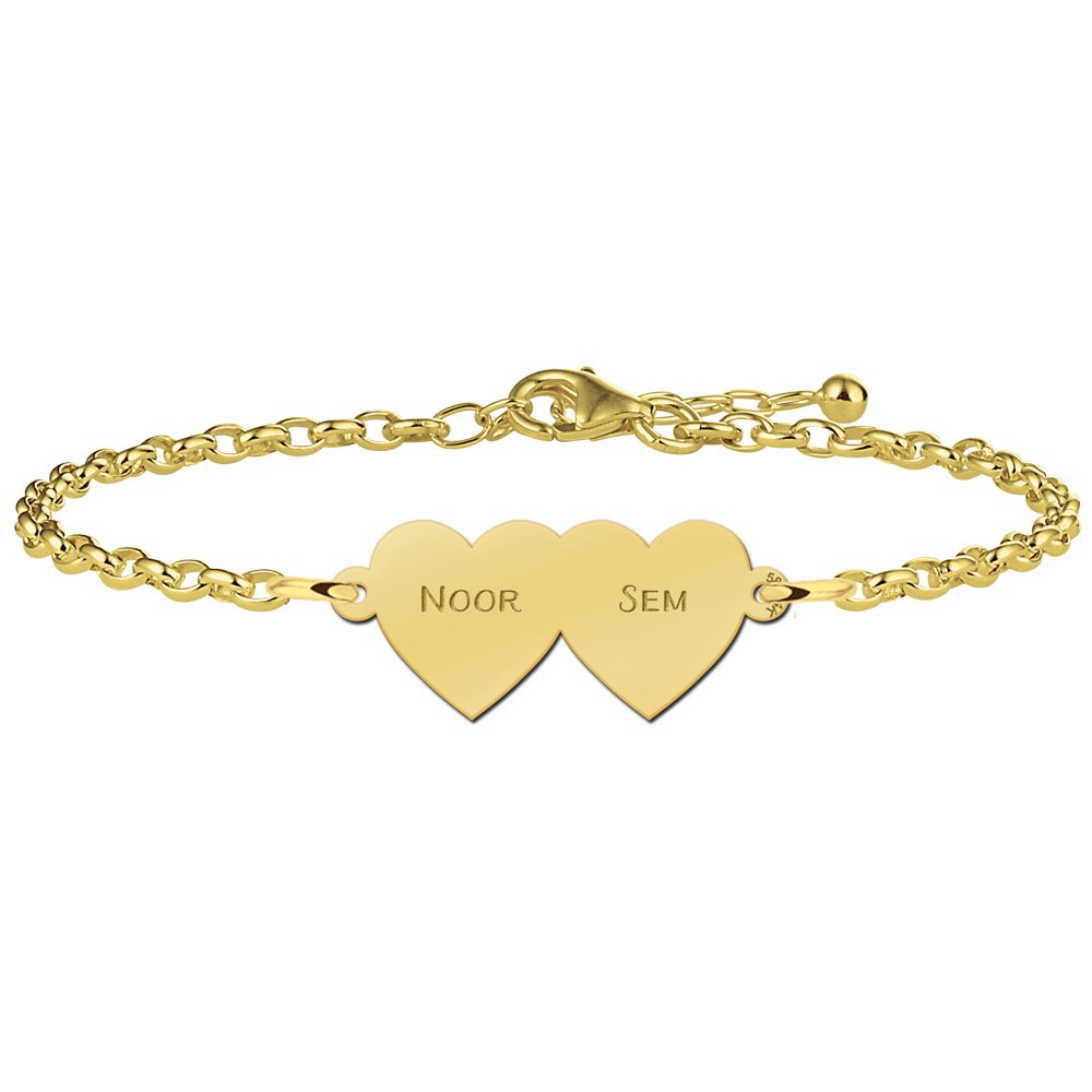 Names4ever Armband met Dubbele Naamhartjes van Goud