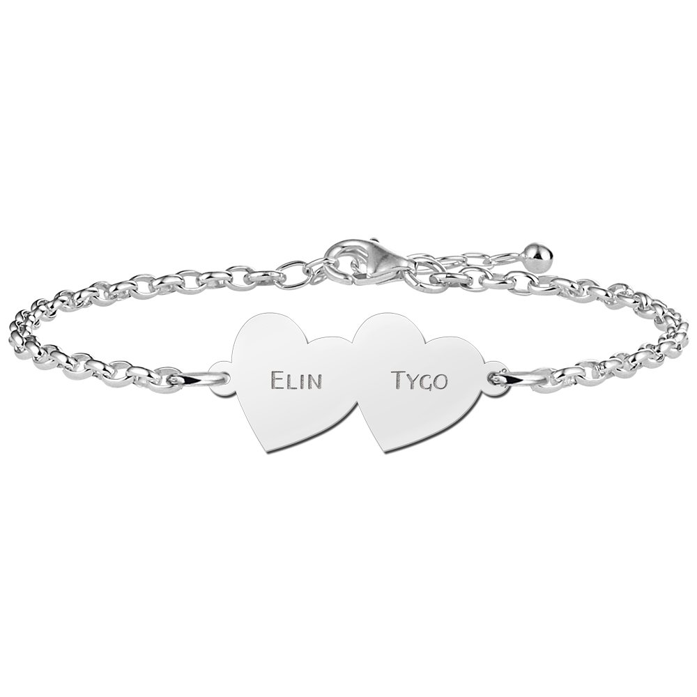 Names4ever Armband met Gekantelde Dubbele Naamhartjes van Zilver