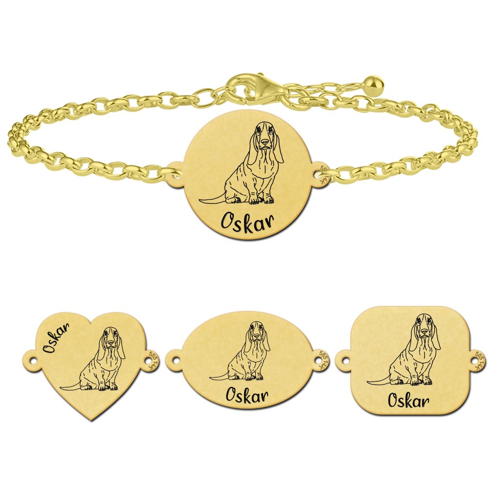 Gepersonaliseerde armband met hond Basset Hond van goud - Names4ever