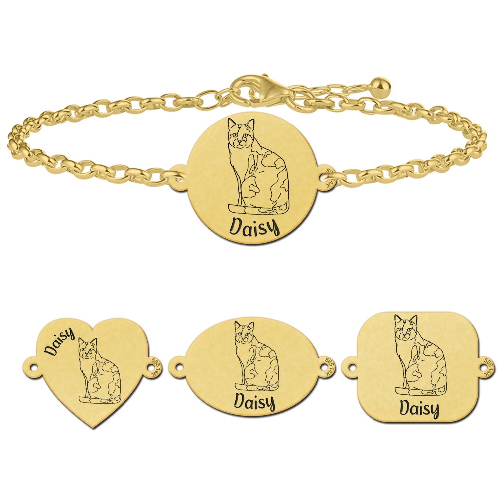 Gouden armband met kat gravure Lapjeskat - Names4ever