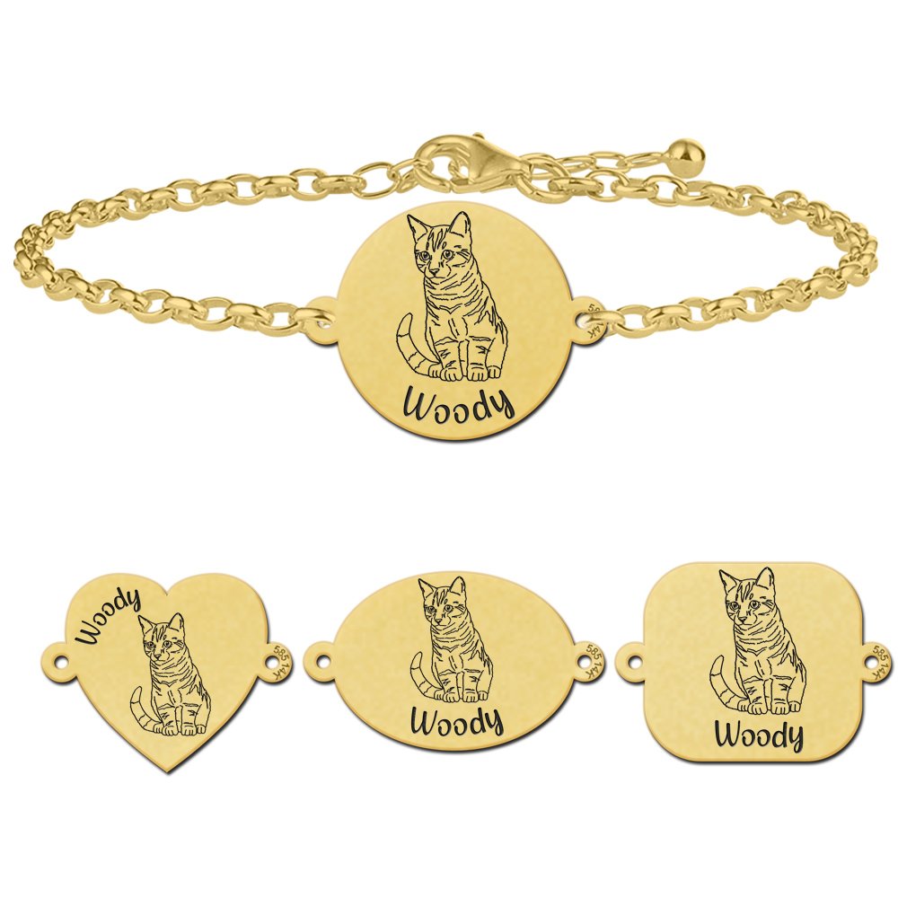 Gouden armband met kat portret Europese korthaar - Names4ever