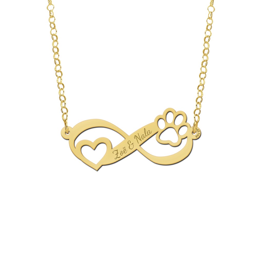 Gouden Ketting met Graveer Hanger Infinity-teken met Hart en Dierenpoot