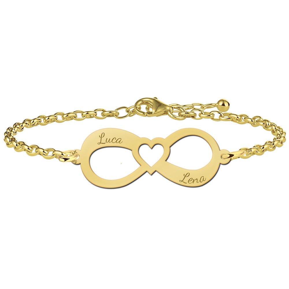 Gouden infinity armband met twee namen en hart - Names4ever