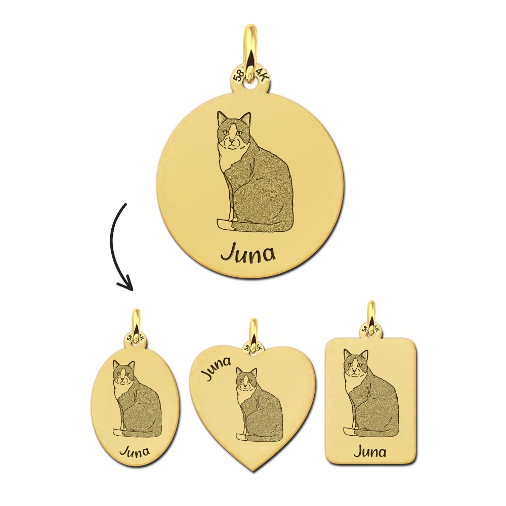 Gouden Hanger met Kat Gravure Tuxedo Kat + Naam