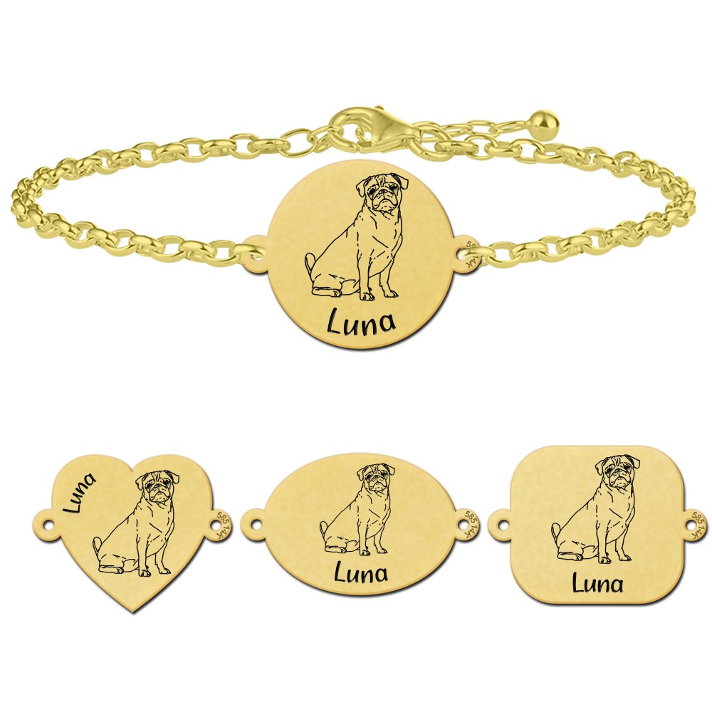 Gouden portret honden armband Mopshond - Names4ever