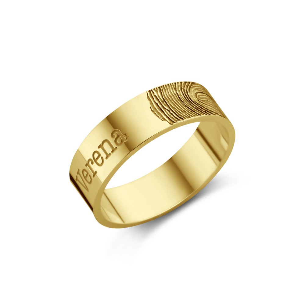 Names4ever 14K Geelgouden Brede Ring met Naam en Vingerafdruk