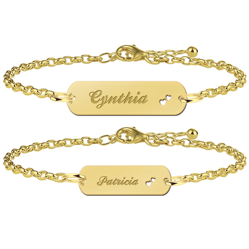 Moeder dochter armband goud bar met naam en hartjes - Names4ever