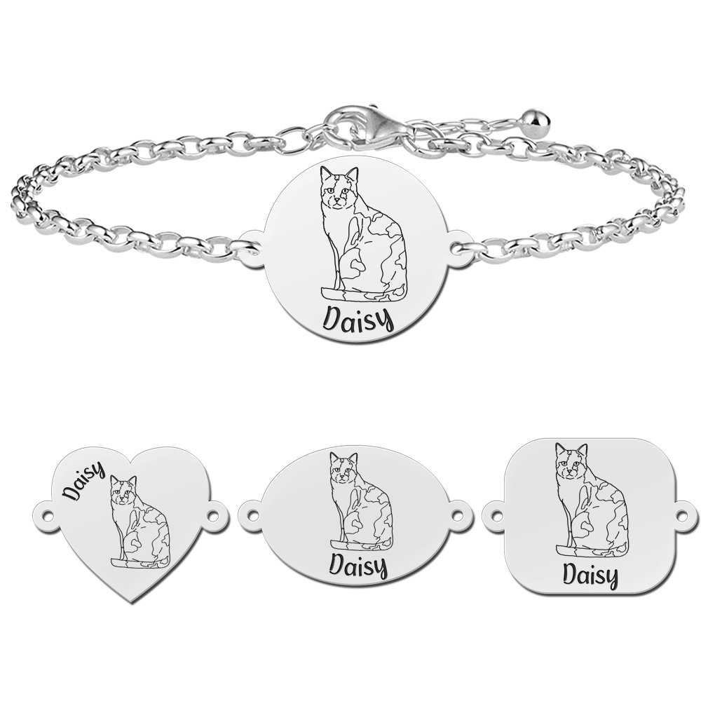 Zilveren armband met kat gravure Lapjeskat - Names4ever