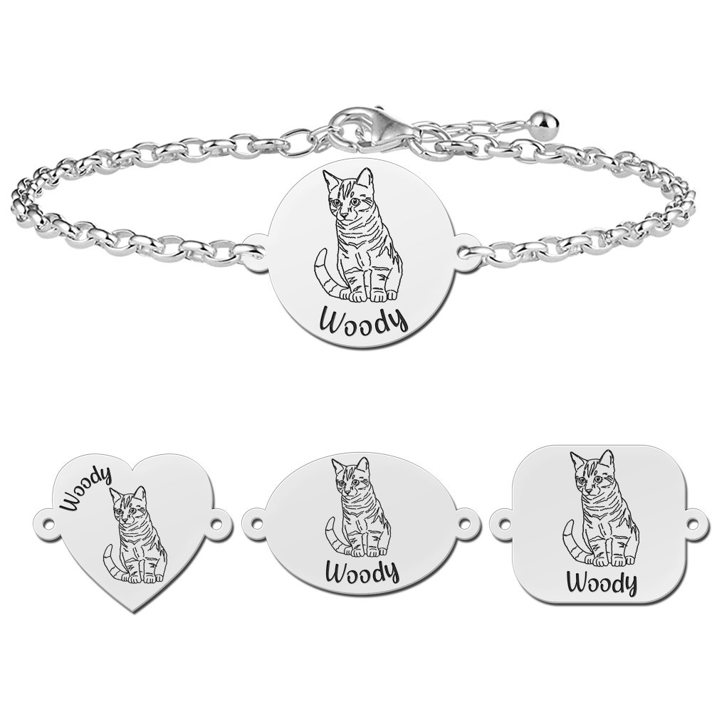 Zilveren armband met kat portret Europese korthaar - Names4ever