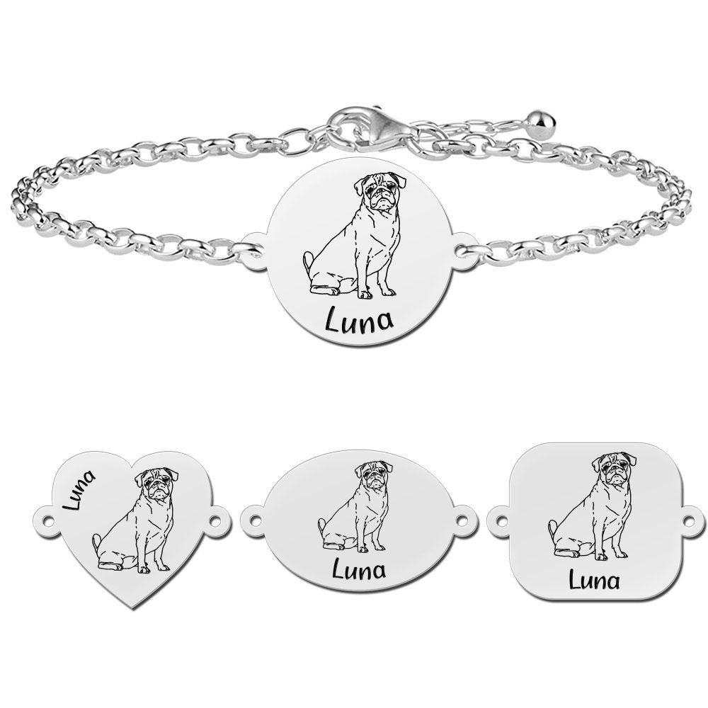 Zilveren portret honden armband Mopshond - Names4ever