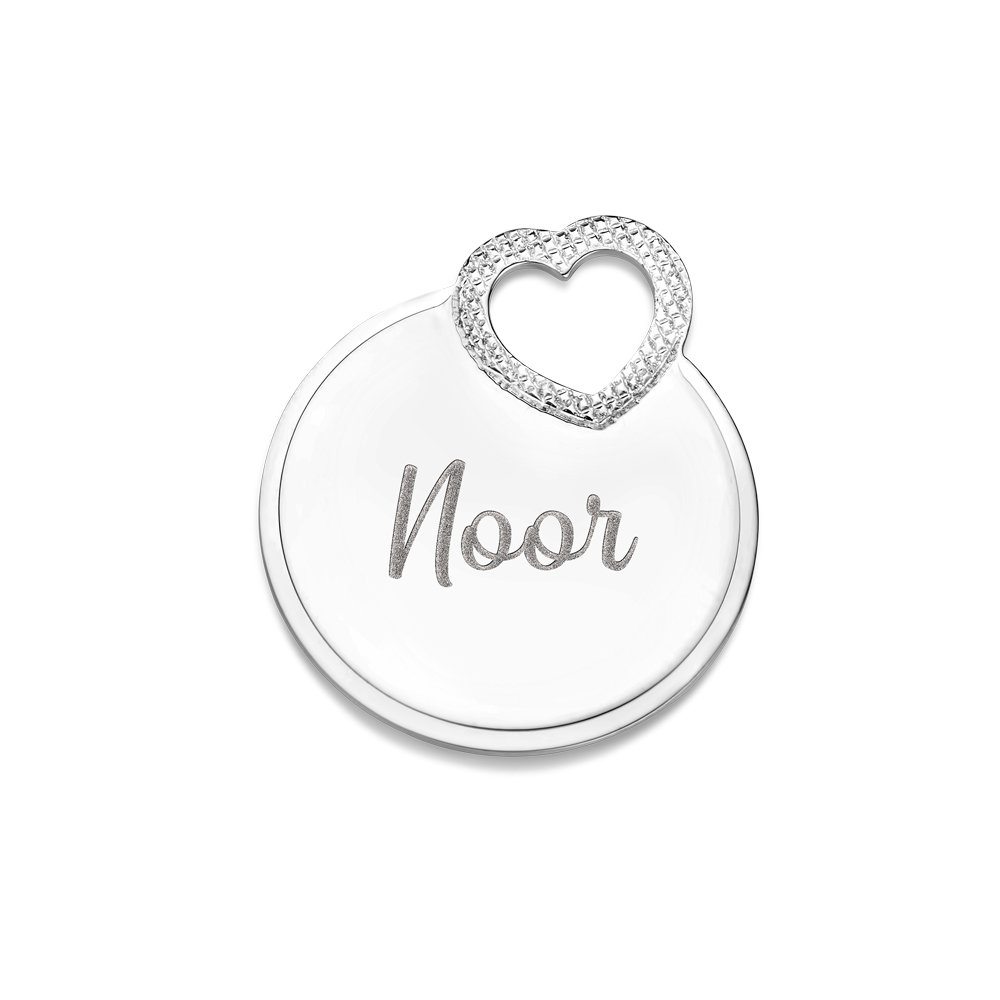 Zilveren ronde hanger met sierhartje en naam | Names4ever