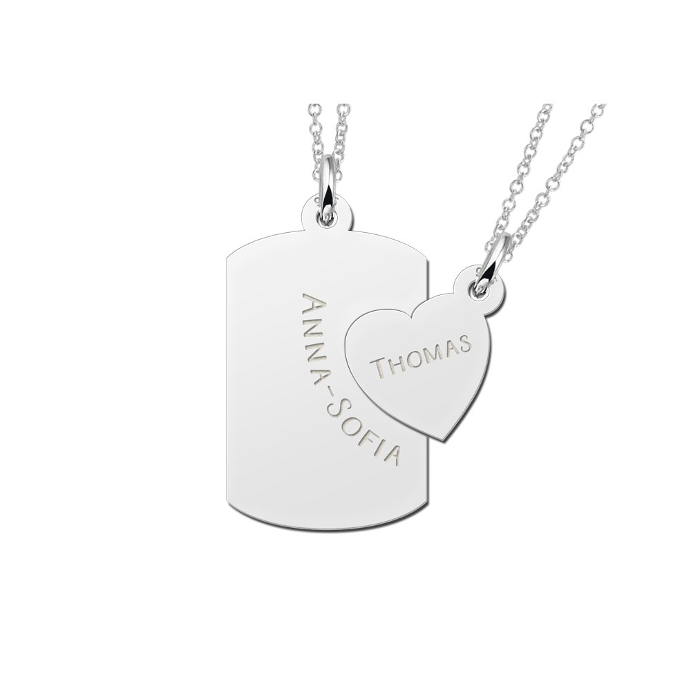 Names4ever Tweedelige Dog Tag en Hartje Vriendschapshanger met Graveer Namen